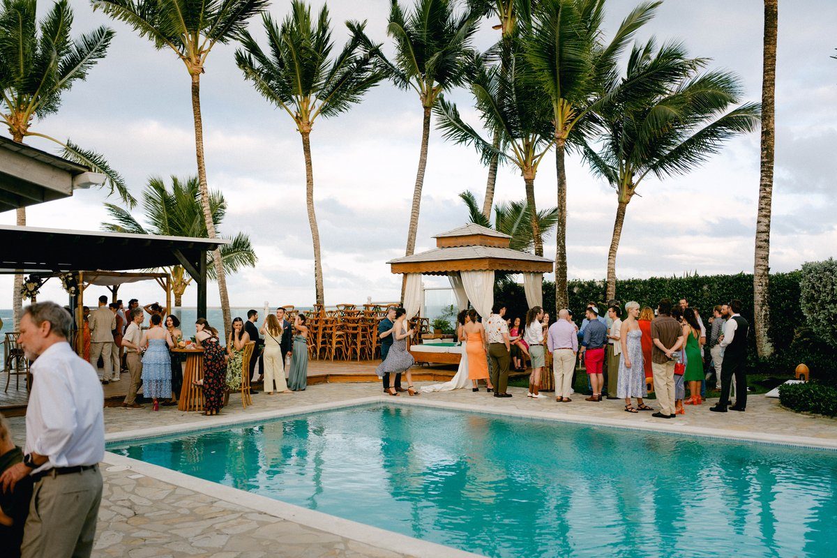 Wedding reception guests gathered poolside under palm trees