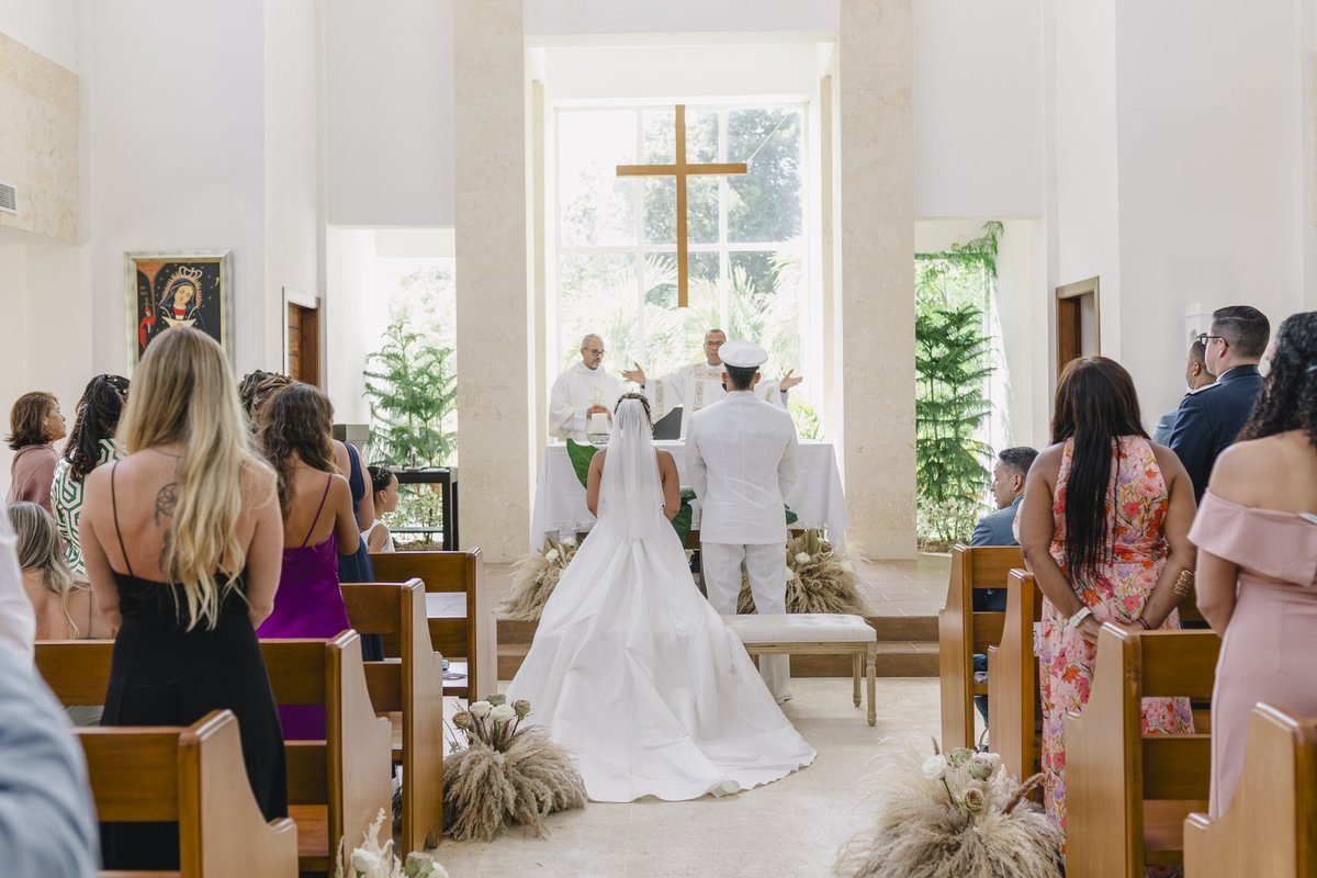 Bride and groom at the altar during a church wedding ceremony